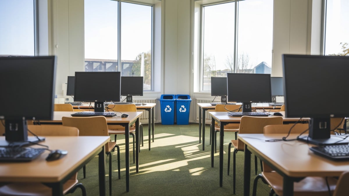 Salle avec ordinateurs et recyclage