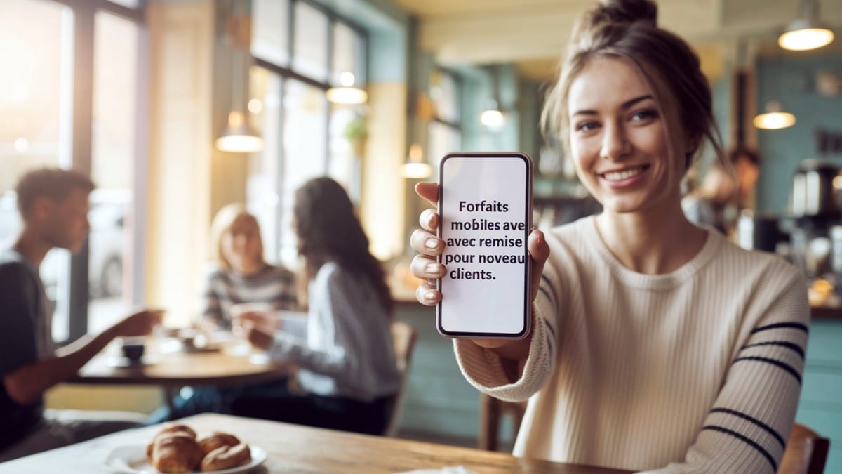 Femme montrant une promotion mobile