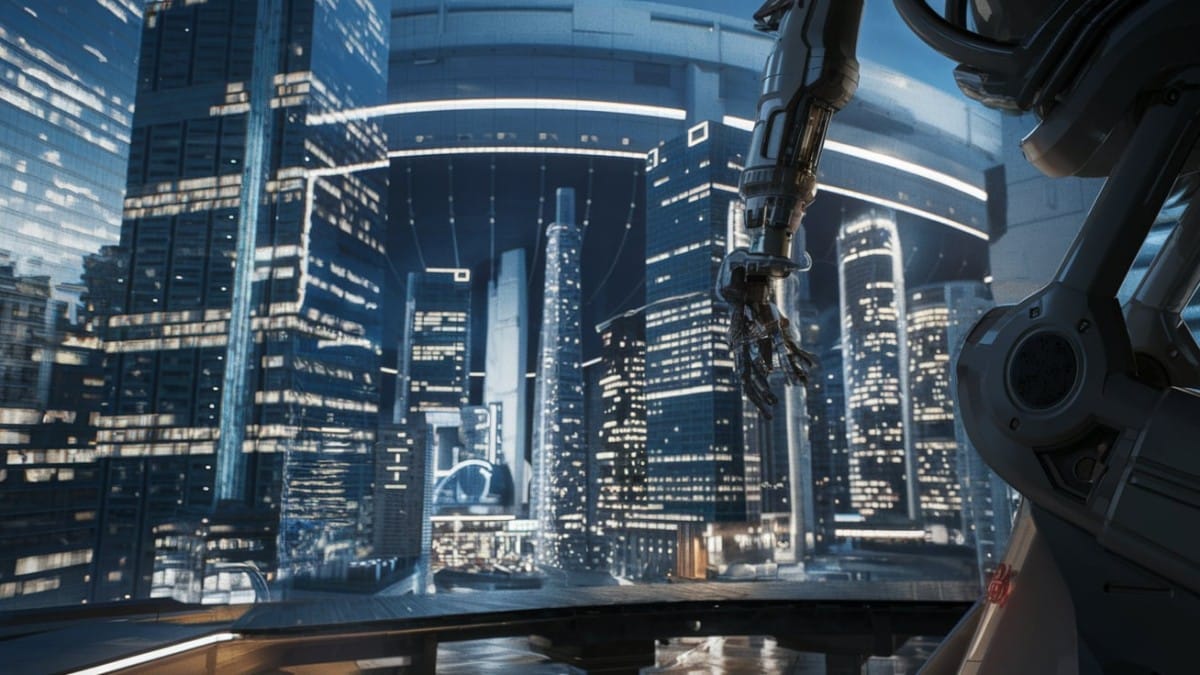 Robot observant ville futuriste