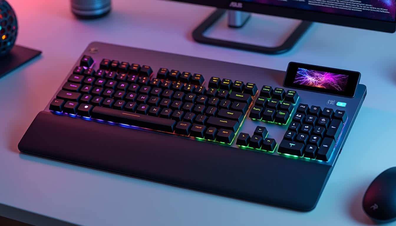 découvrez le nouveau clavier mécanique sans fil d'asus, doté d’un écran oled miniature pour une expérience innovante et personnalisée. alliez performance, design moderne et fonctionnalités avancées !